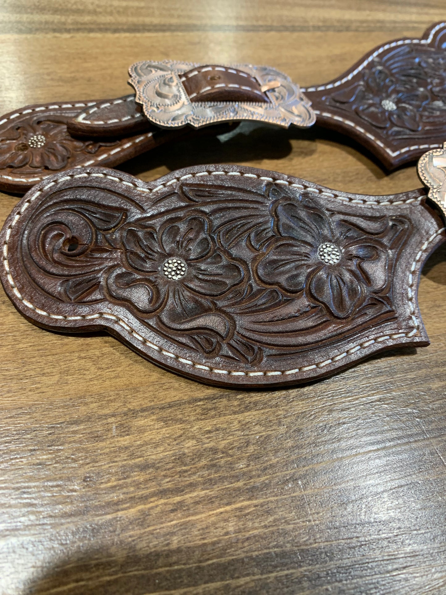 Dark Brown Tooled Spur Straps