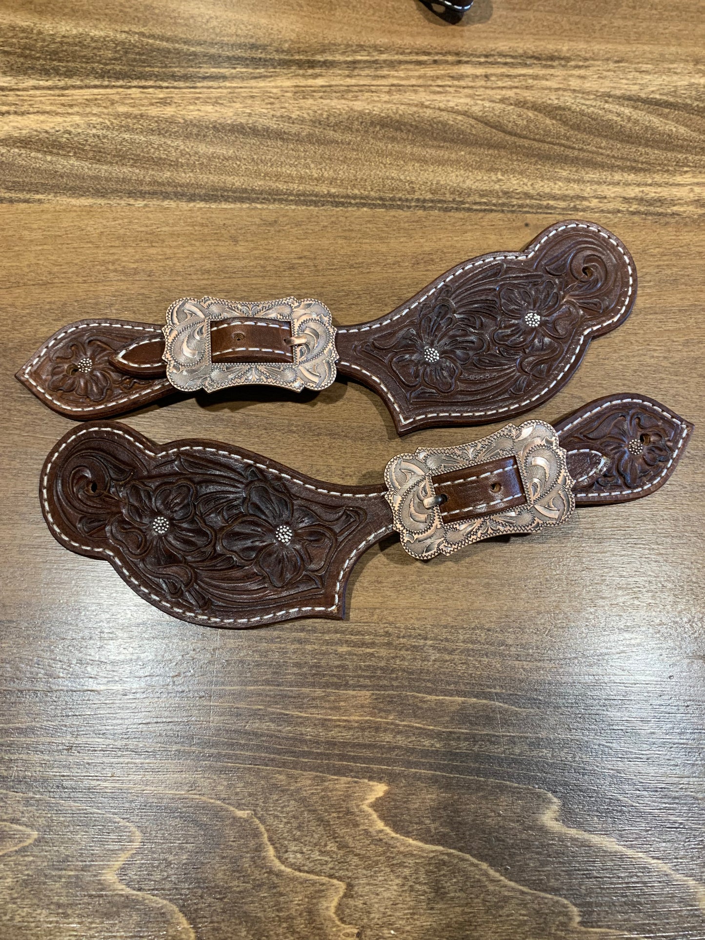 Dark Brown Tooled Spur Straps